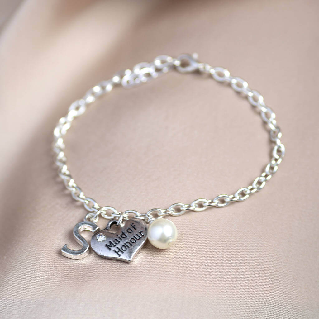 Joy Bridesmaid Charm Armband Silber Perle Initial