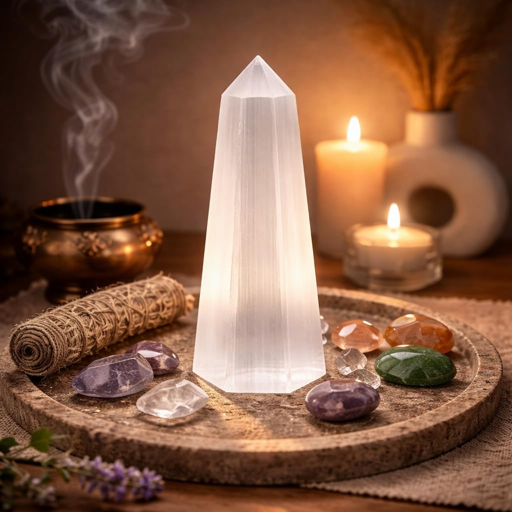 NKlaus Healing Crystals Selenit Obelisk Turm 14 cm Heilstein sechseckig