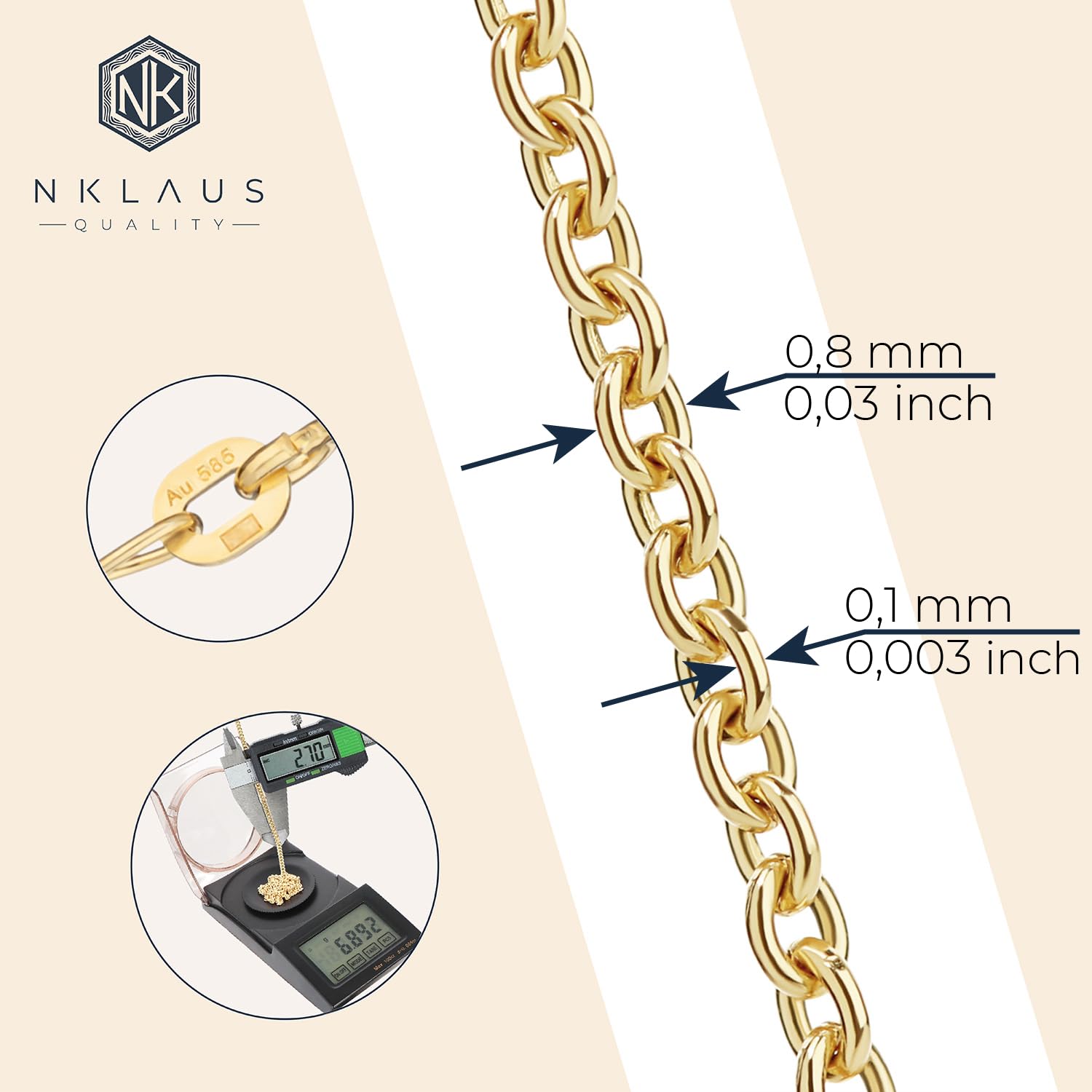 NKlaus Ankerkette 585 Gelbgold 14 Karat Halskette 45 cm 0,8 mm