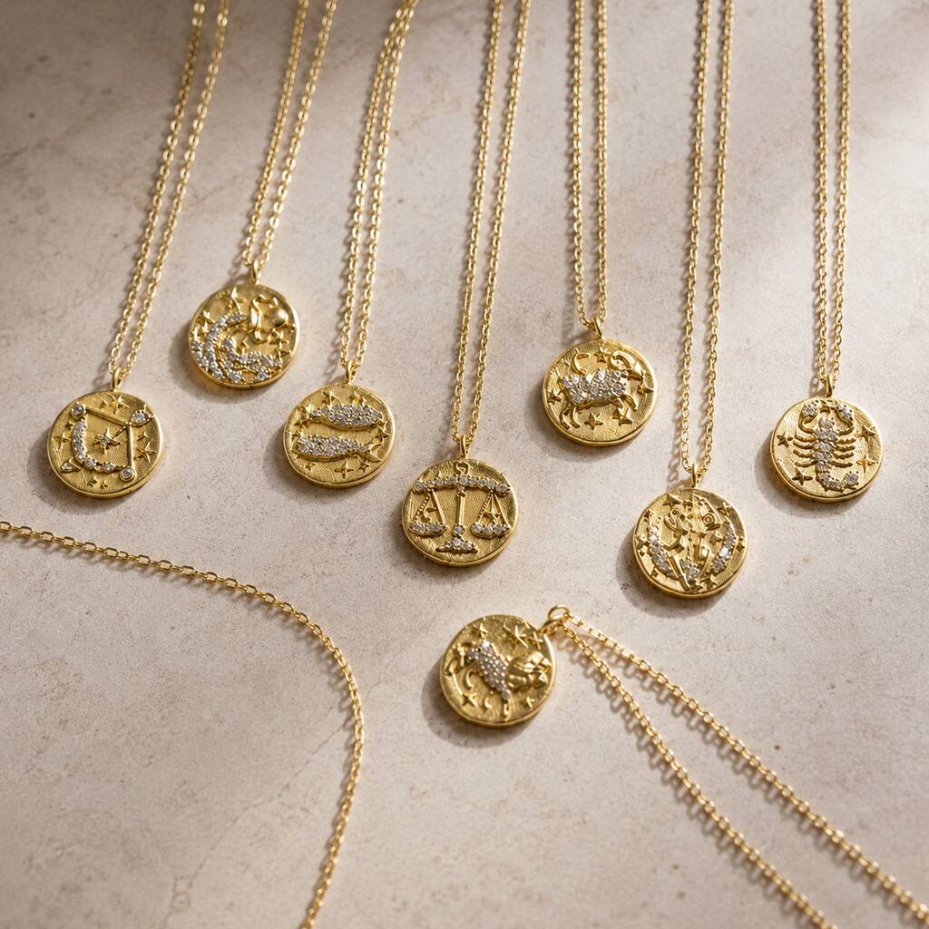 JOY by Corrine Smith Crystal Zodiac Coin Halskette Gold mit Kristall