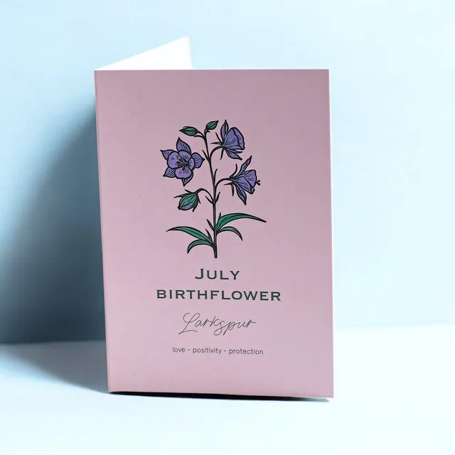 Joy by Corrine Smith July Larkspur Karte A6 Geburtsblume