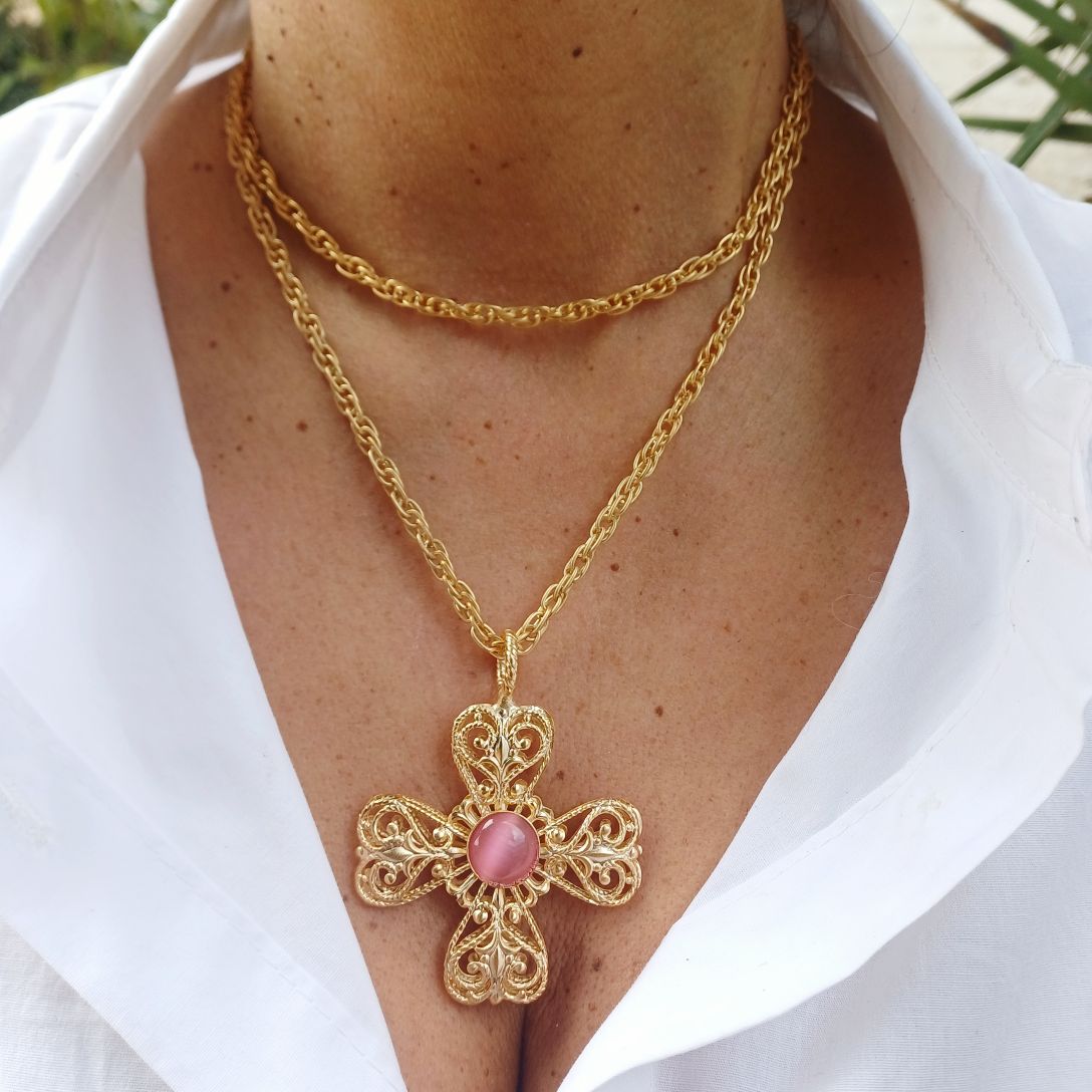 Alevá Bijoux Croci Delfi Kreuz Anhänger Gold Gelb Aquamarin 5 cm