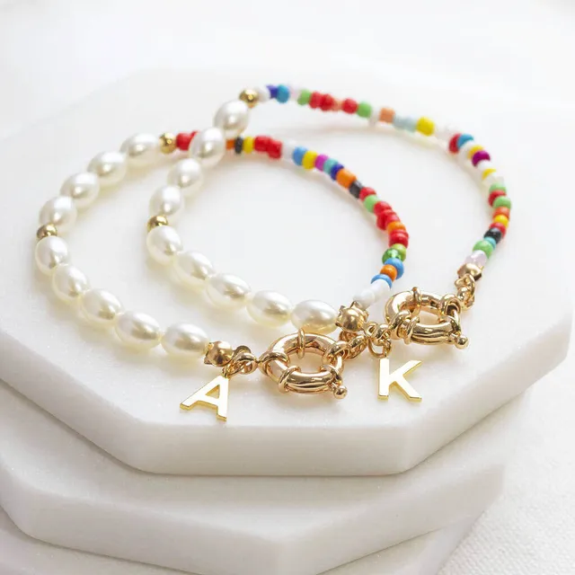 Joy by Corrine Smith Pearl Seed Bead Armband Gold Initial