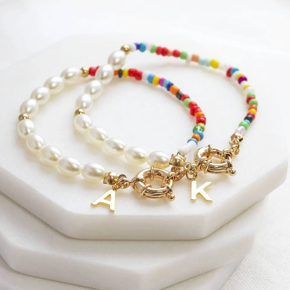 Joy by Corrine Smith Pearl Seed Bead Armband Gold Initial