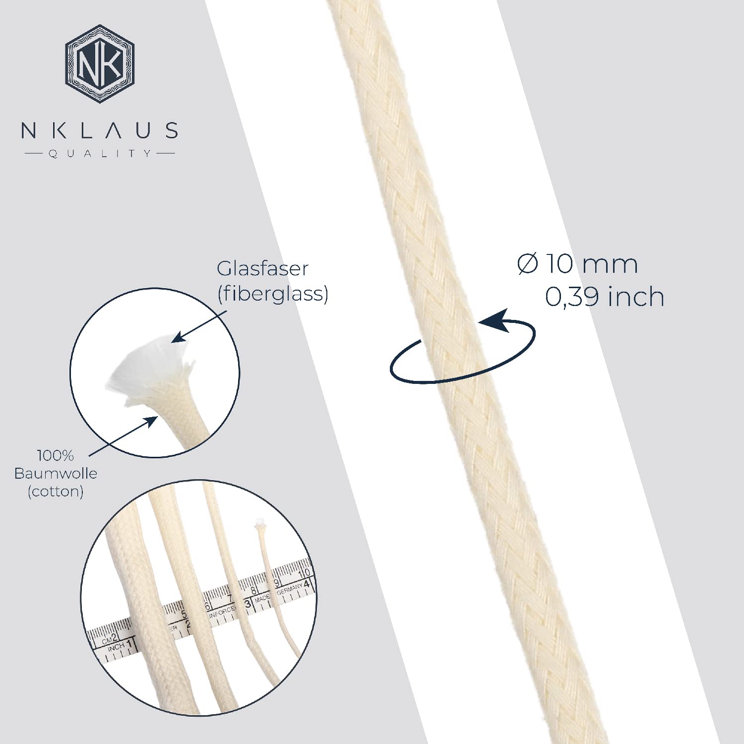 NKlaus Candle Holder Glasfaser Docht 10mm 0,5 Meter