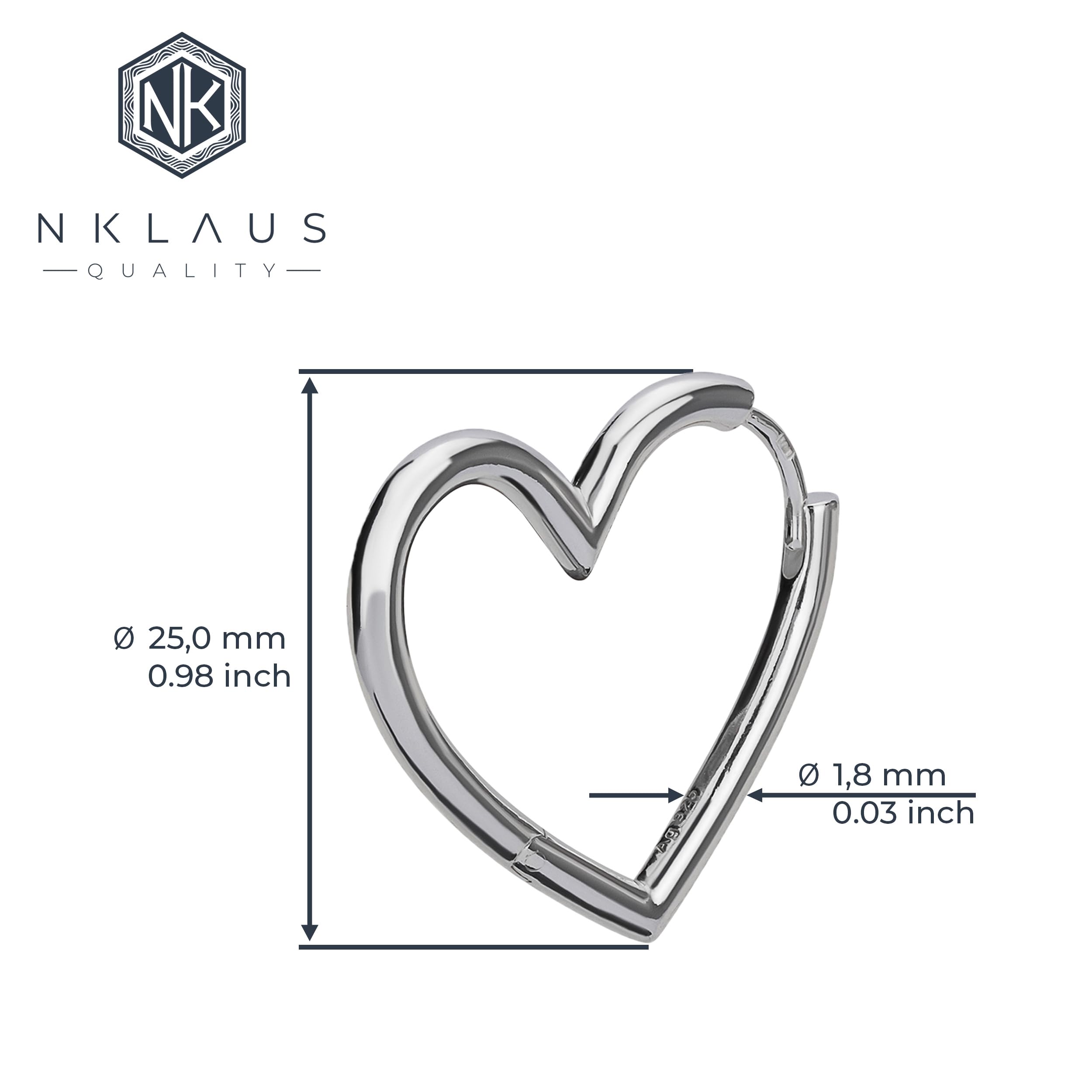 NKlaus Herz Klappcreolen 25mm Silber Ohrringe Damen 1,8mm