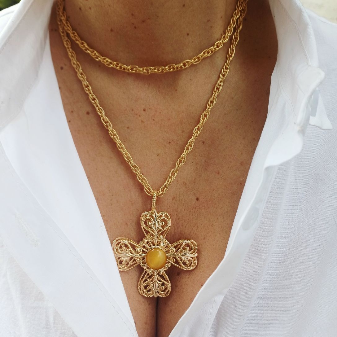 Alevá Bijoux Croci Delfi Kreuz Anhänger Gold Gelb Aquamarin 5 cm