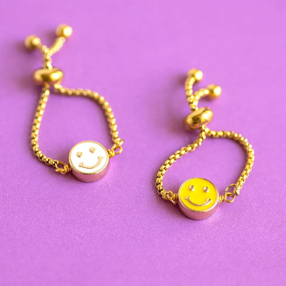 Joy by Corrine Smith Smiley Face Slider Chain Ring Gold Emaille