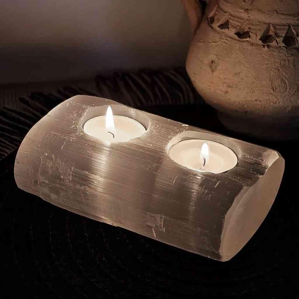NKlaus Healing Crystals Selenit Teelichthalter 14,5 cm 2er Stein