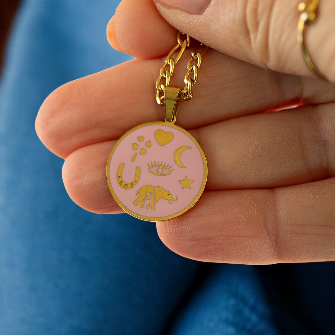 Joy by Corrine Smith Lucky Symbols Enamel Charm Halskette Gold rosa