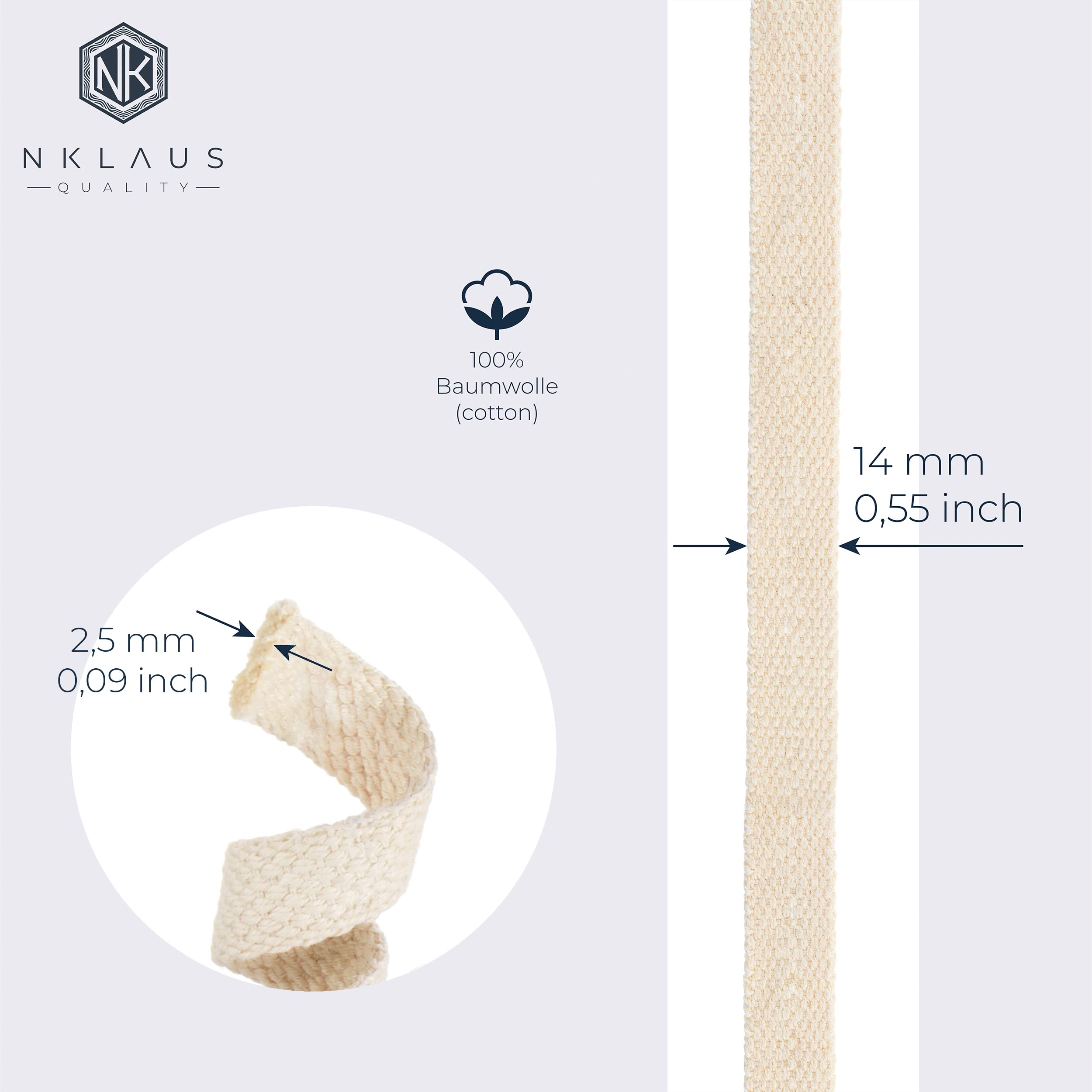 NKlaus WICKS Lampendocht 14mm Baumwolle 1 Meter 2,5mm