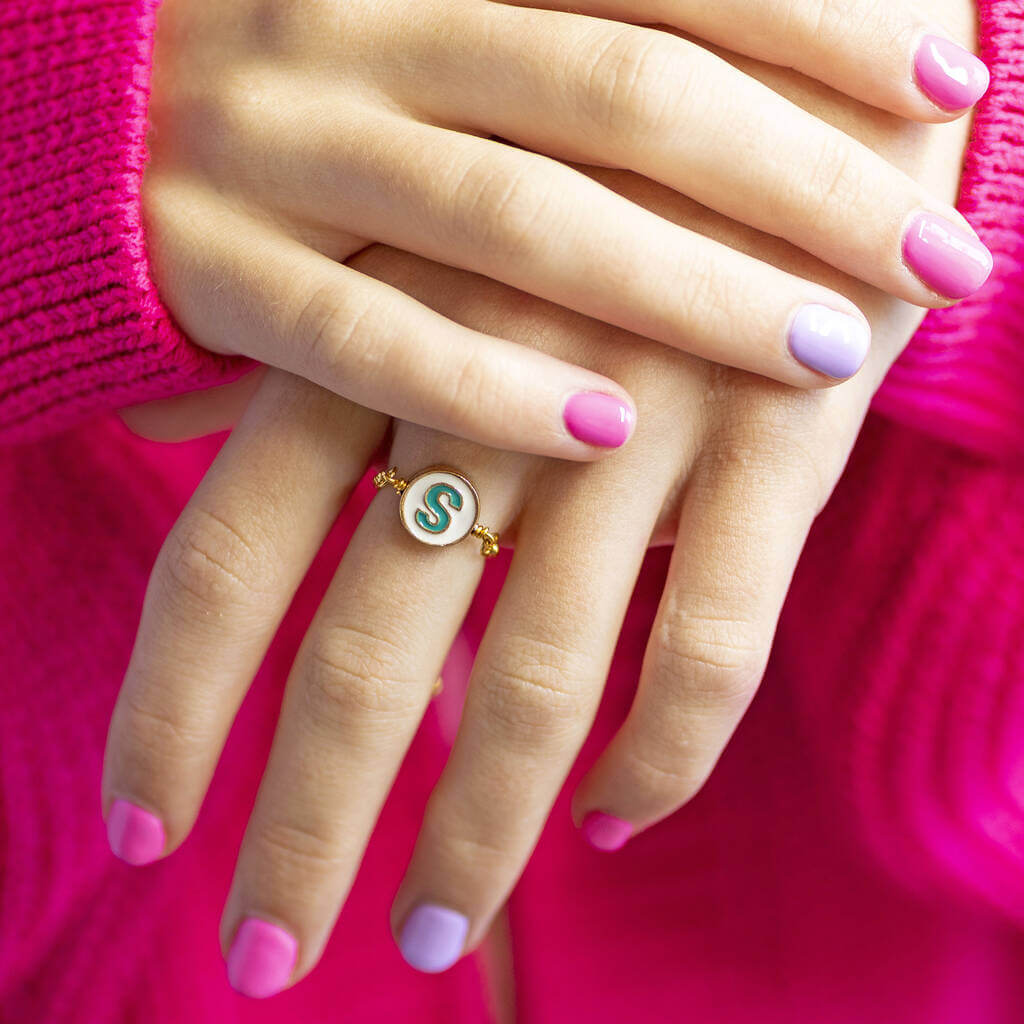 Joy by Corrine Smith Round Enamel Initial Ring Gold Slider