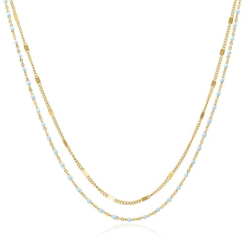 JEWLIX Layerkette Halskette Edelstahl Gold hellblau Emaille