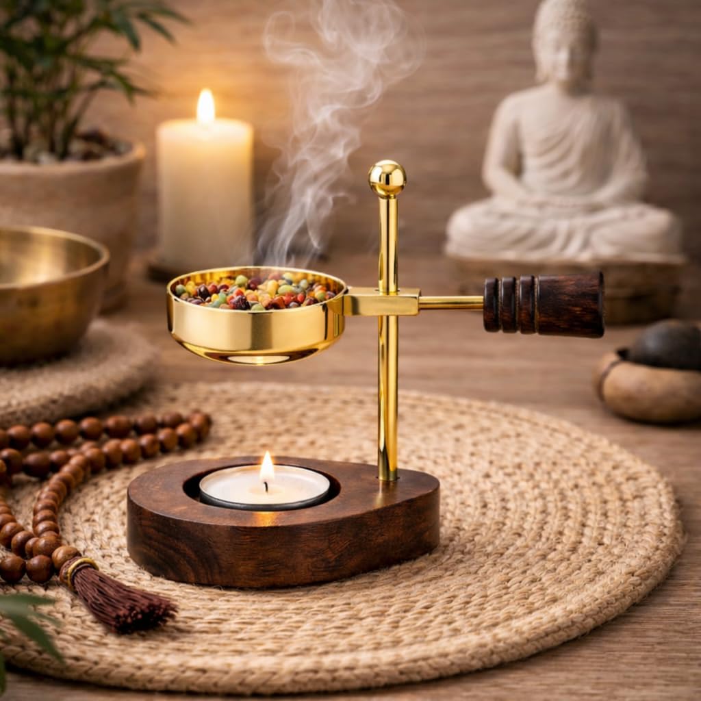 NKlaus Home Scents Räucherstövchen Messing Gold Holz 13 cm