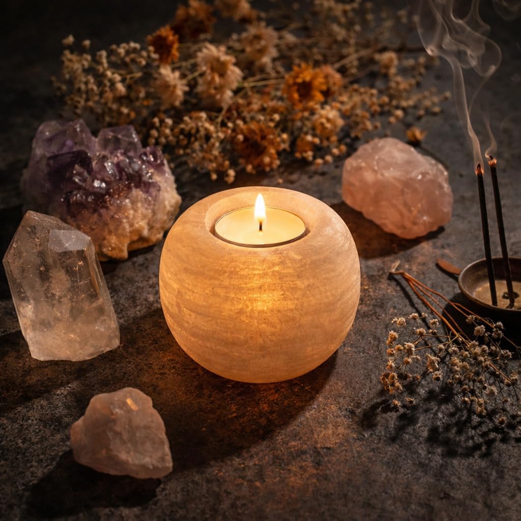 NKlaus Healing Crystals Selenit Teelichthalter Schneeball 8,5cm