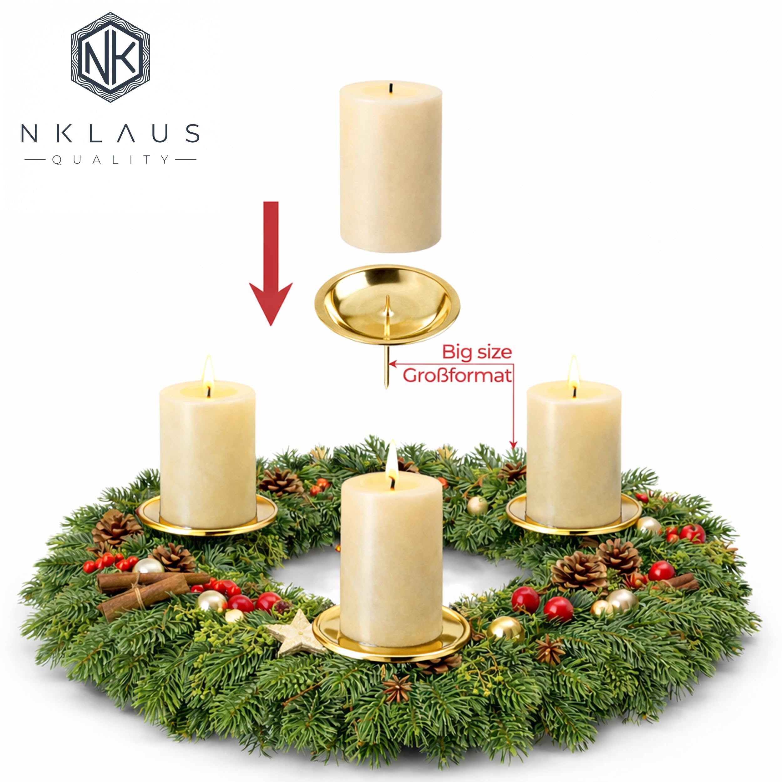 NKlaus Adventskranz Kerzenhalter mit Dorn Messing Gold Ø8 cm