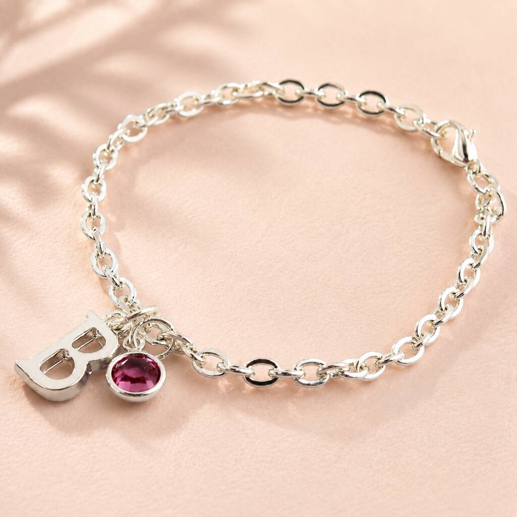 Joy Initial Charm Birthstone Armband Silber Swarovski