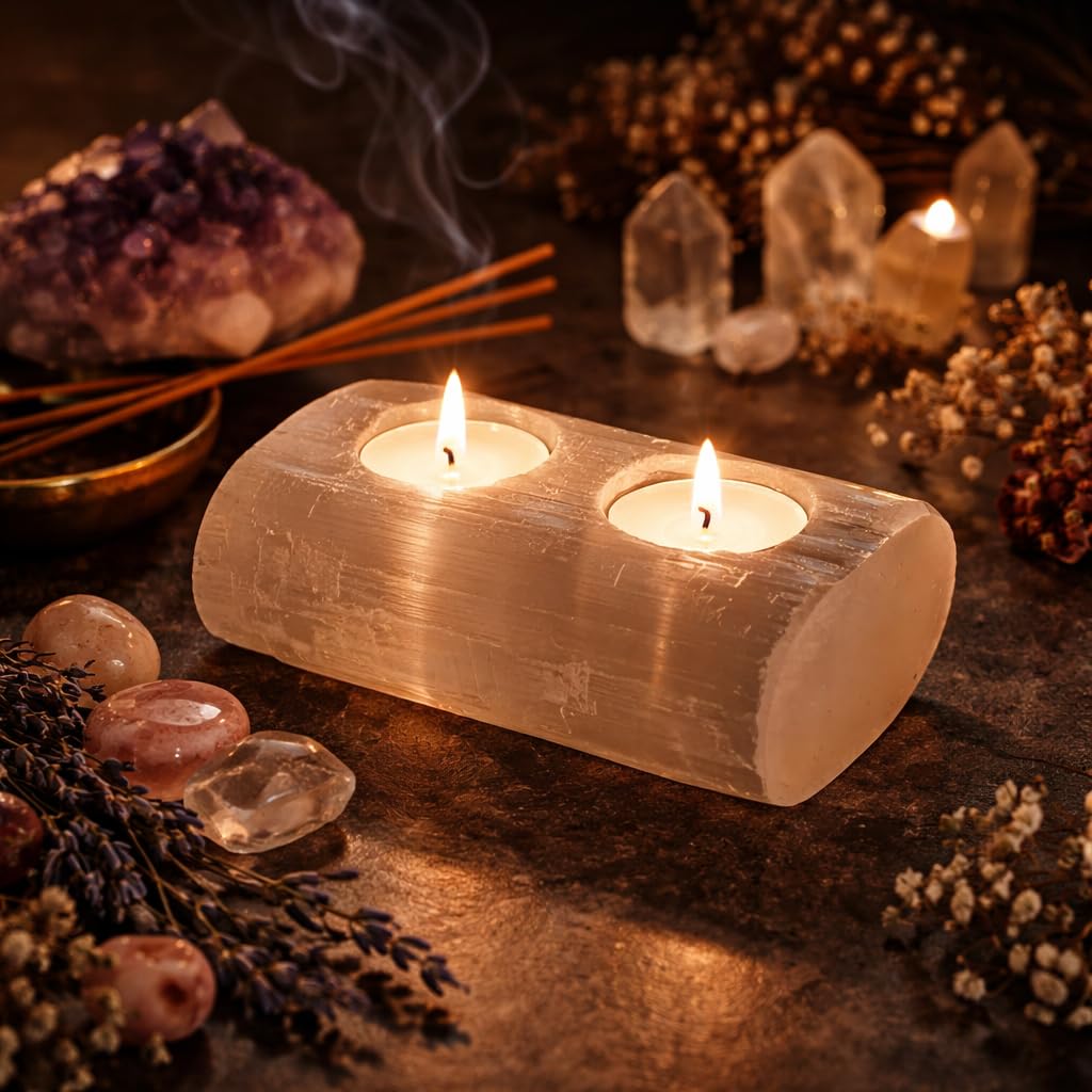 NKlaus Healing Crystals Selenit Teelichthalter 14,5 cm 2er Stein