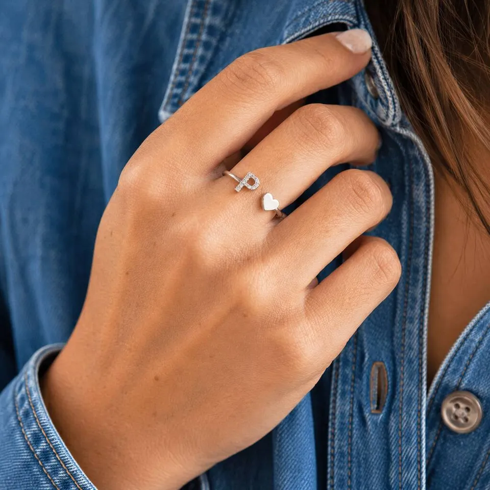 Joy Crystal Initial Heart Ring Silber verstellbar Kristall