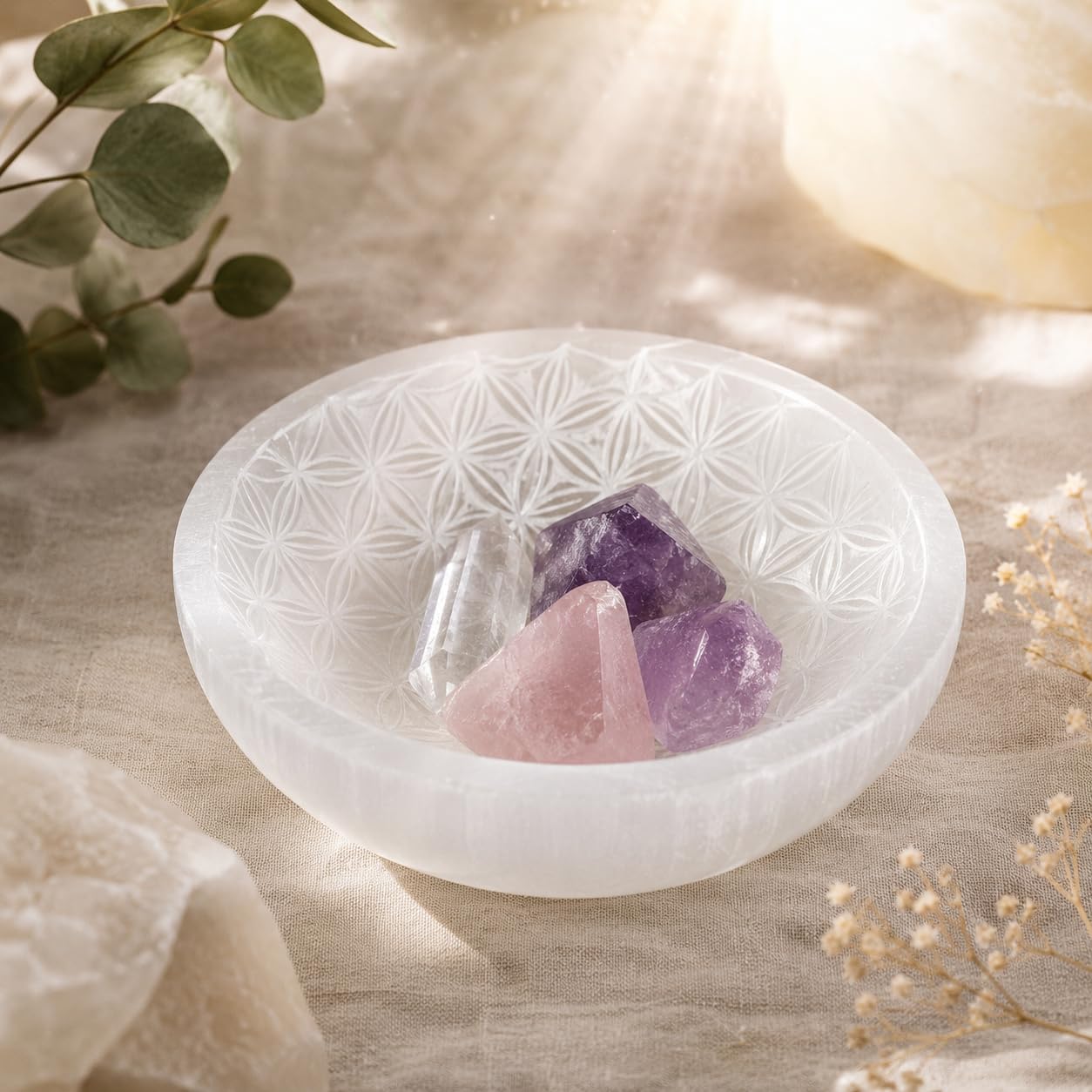 NKlaus Healing Crystals Selenit-Ladeschale 9,5cm Blume Lebens