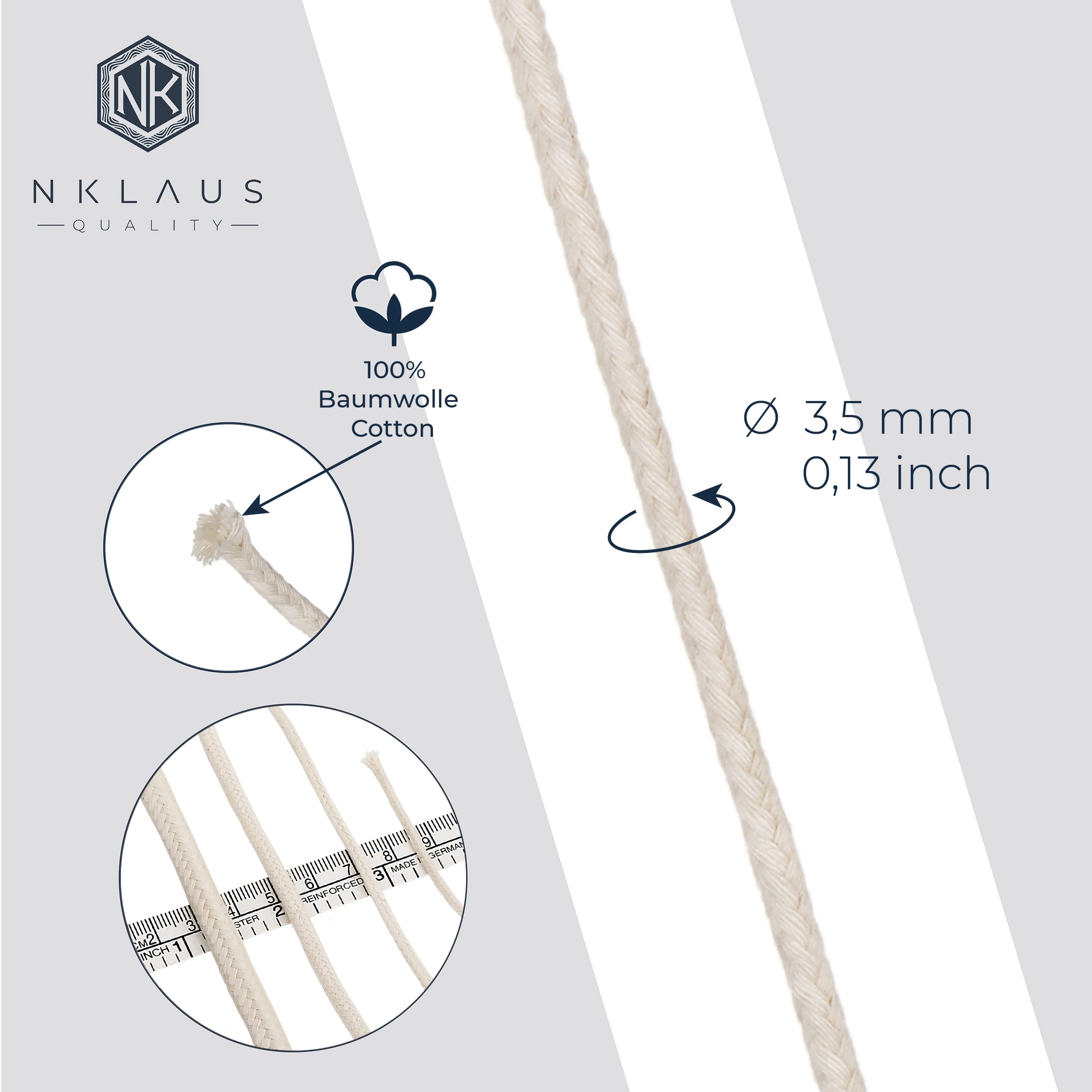 NKlaus Candle Holder Runddocht 3,5mm Baumwolle 5 Meter