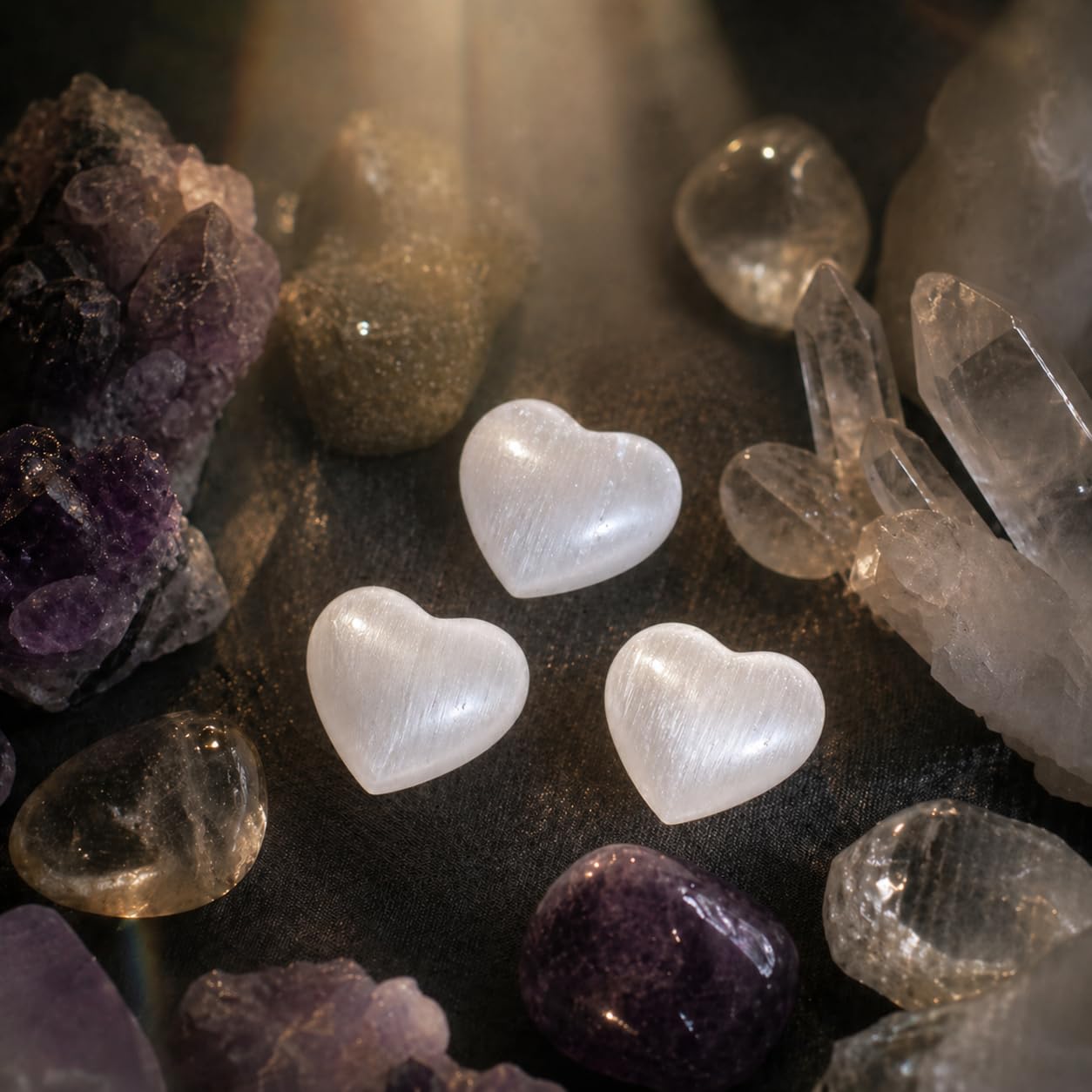 NKlaus HEALING CRYSTALS Selenit Herzstein 4cm 3 Stück weiß