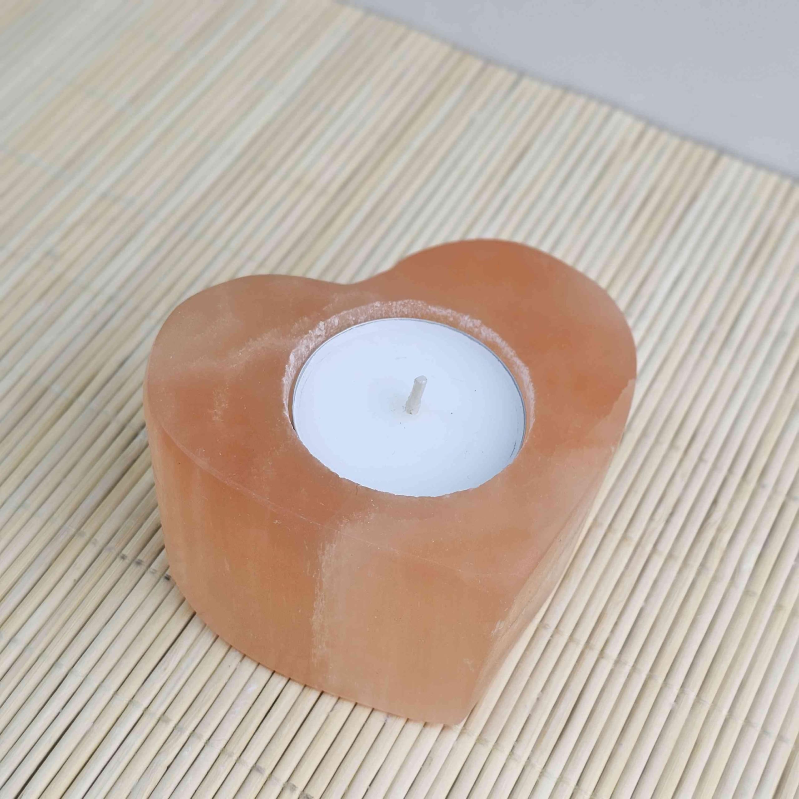 NKlaus HEALING CRYSTALS Pfirsich-Selenit Herz-Teelichthalter 9cm