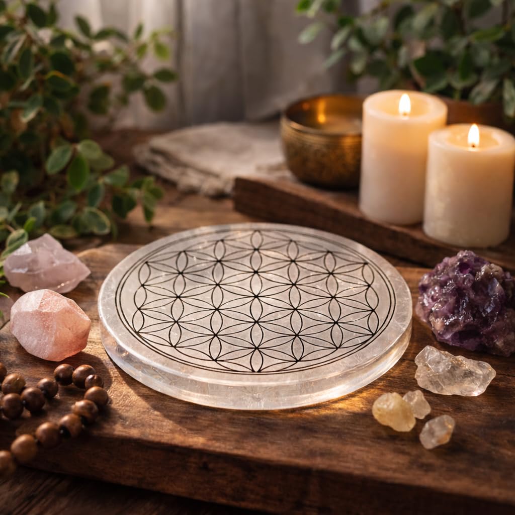 NKlaus HEALING CRYSTALS Selenit Platte 10cm Blume des Lebens