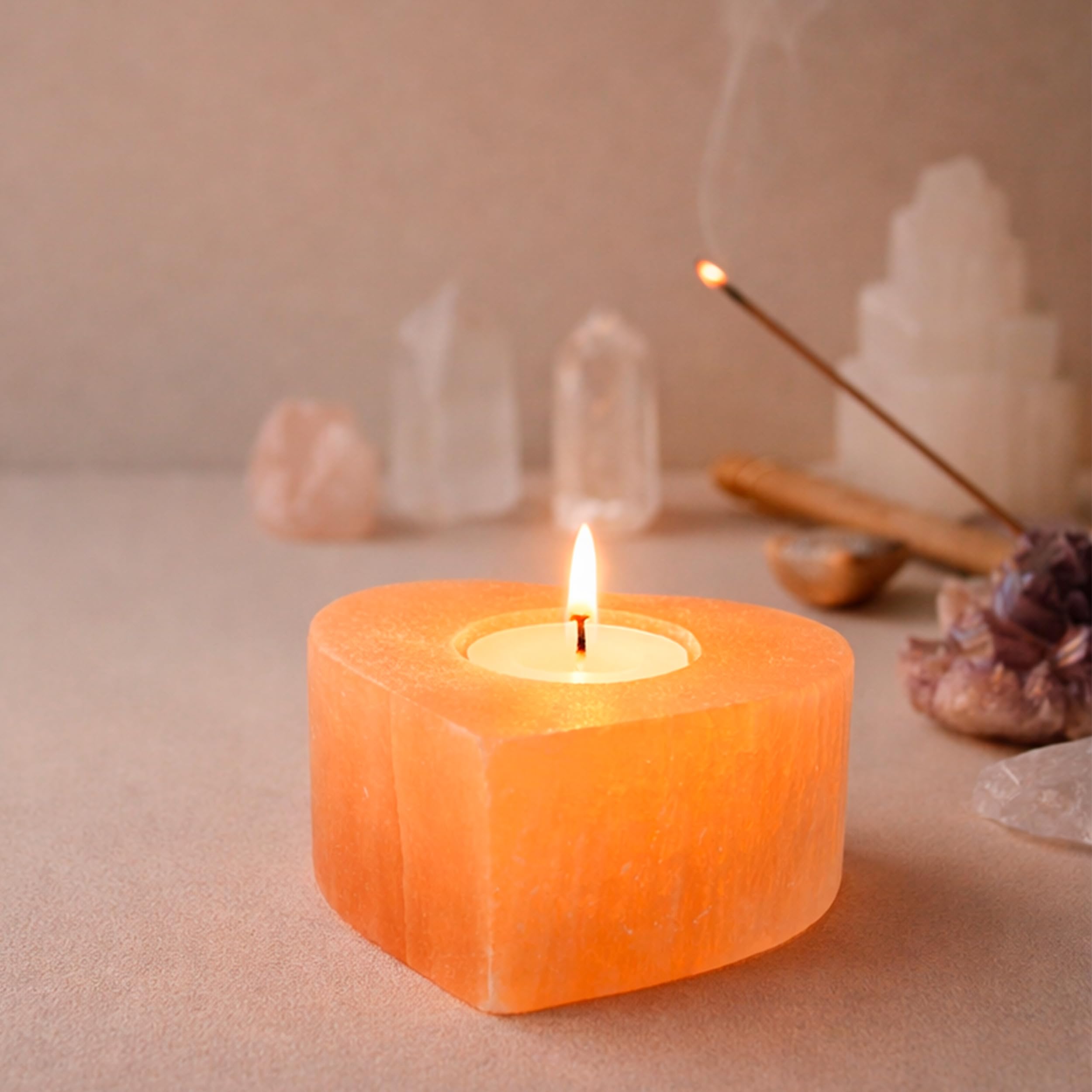 NKlaus HEALING CRYSTALS Pfirsich-Selenit Herz-Teelichthalter 9cm