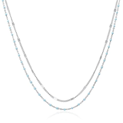 JEWLIX Layerkette Halskette Edelstahl Gold hellblau Emaille
