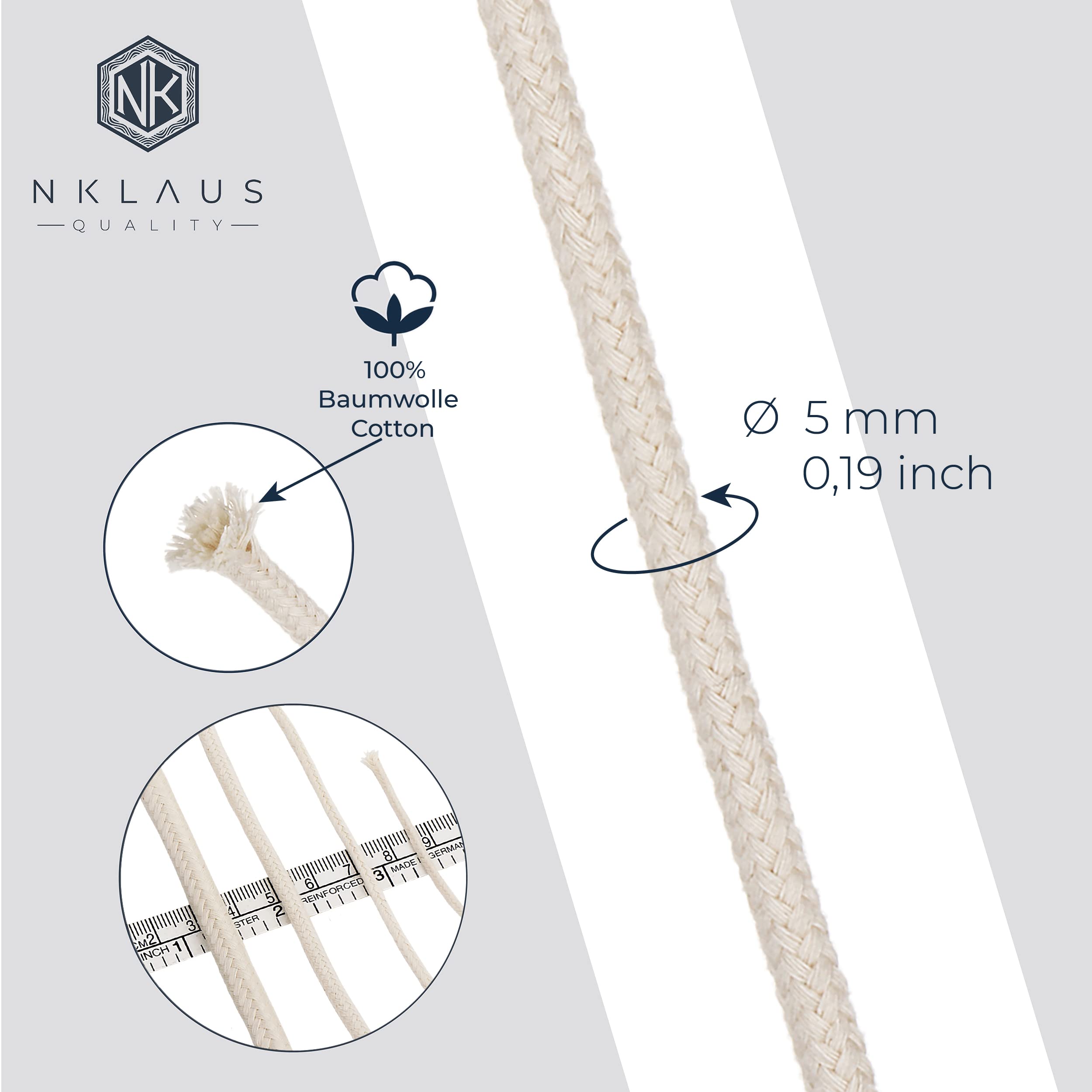 NKlaus Candle Holder Runddocht Baumwolle 5mm 10 Meter Öllampe
