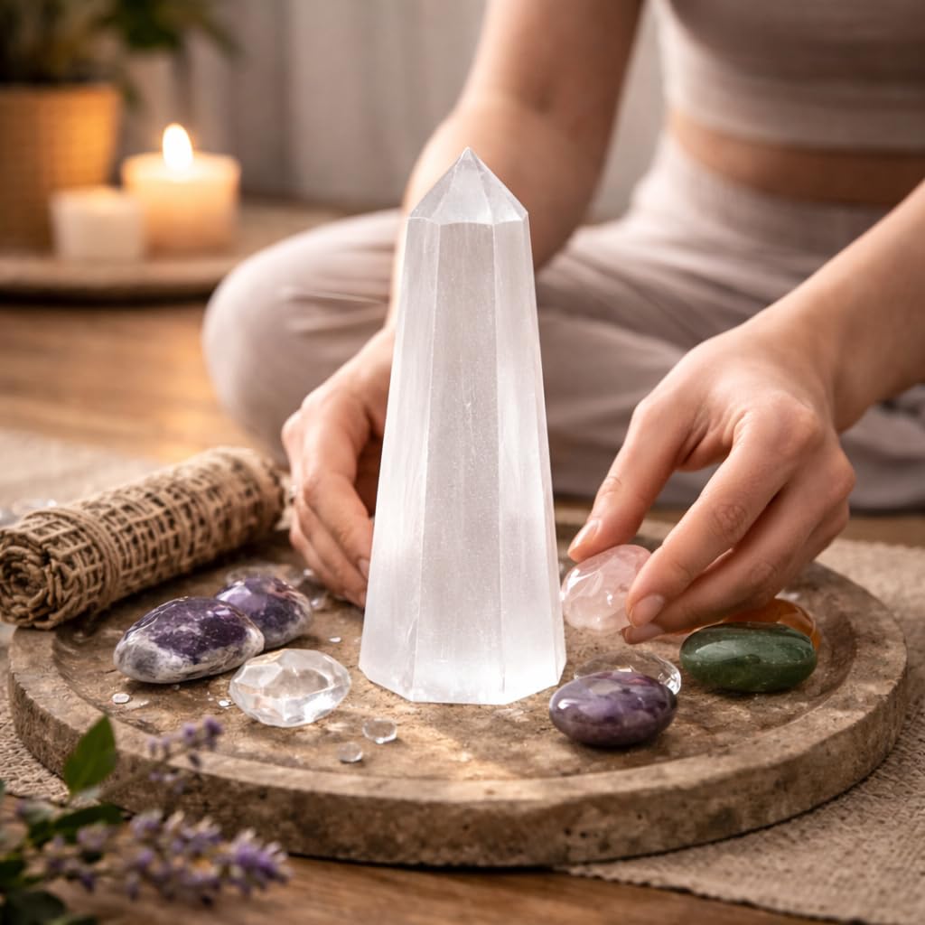 NKlaus Healing Crystals Selenit Obelisk Turm 14 cm Heilstein sechseckig