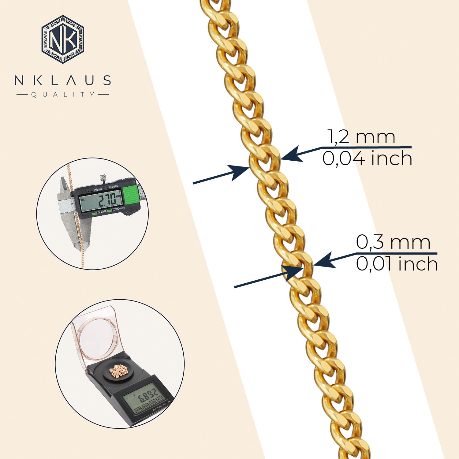NKlaus Jewellery Panzerkette 925 Silber vergoldet 45cm diamantiert