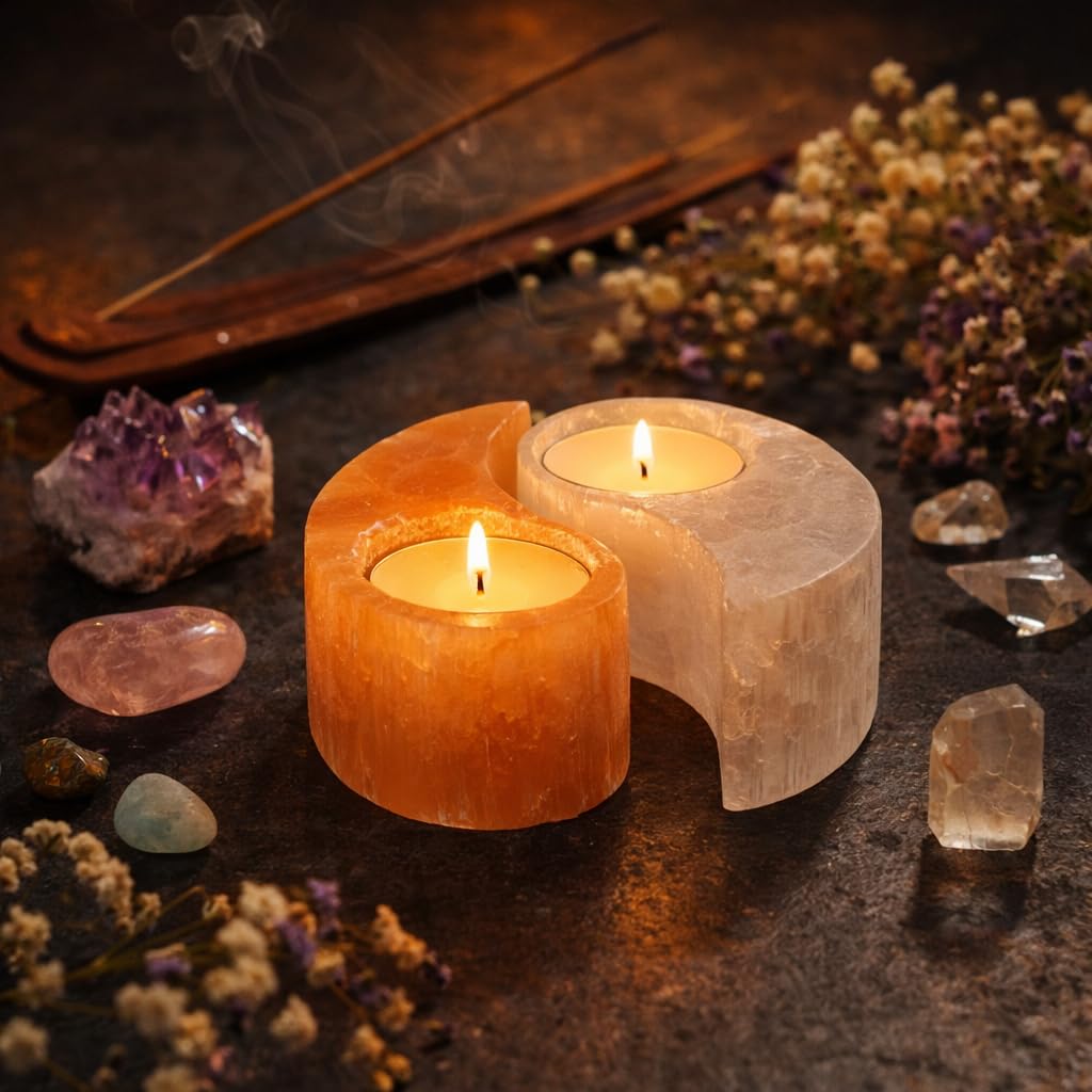 NKlaus Healing Crystals Yin-Yang Teelichthalter Selenit 1 Stück