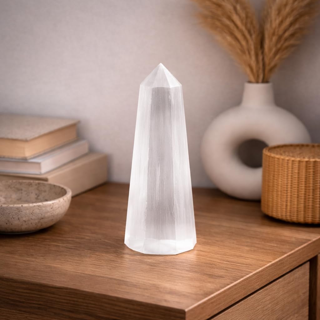 NKlaus Healing Crystals Selenit Obelisk Turm 14 cm Heilstein sechseckig