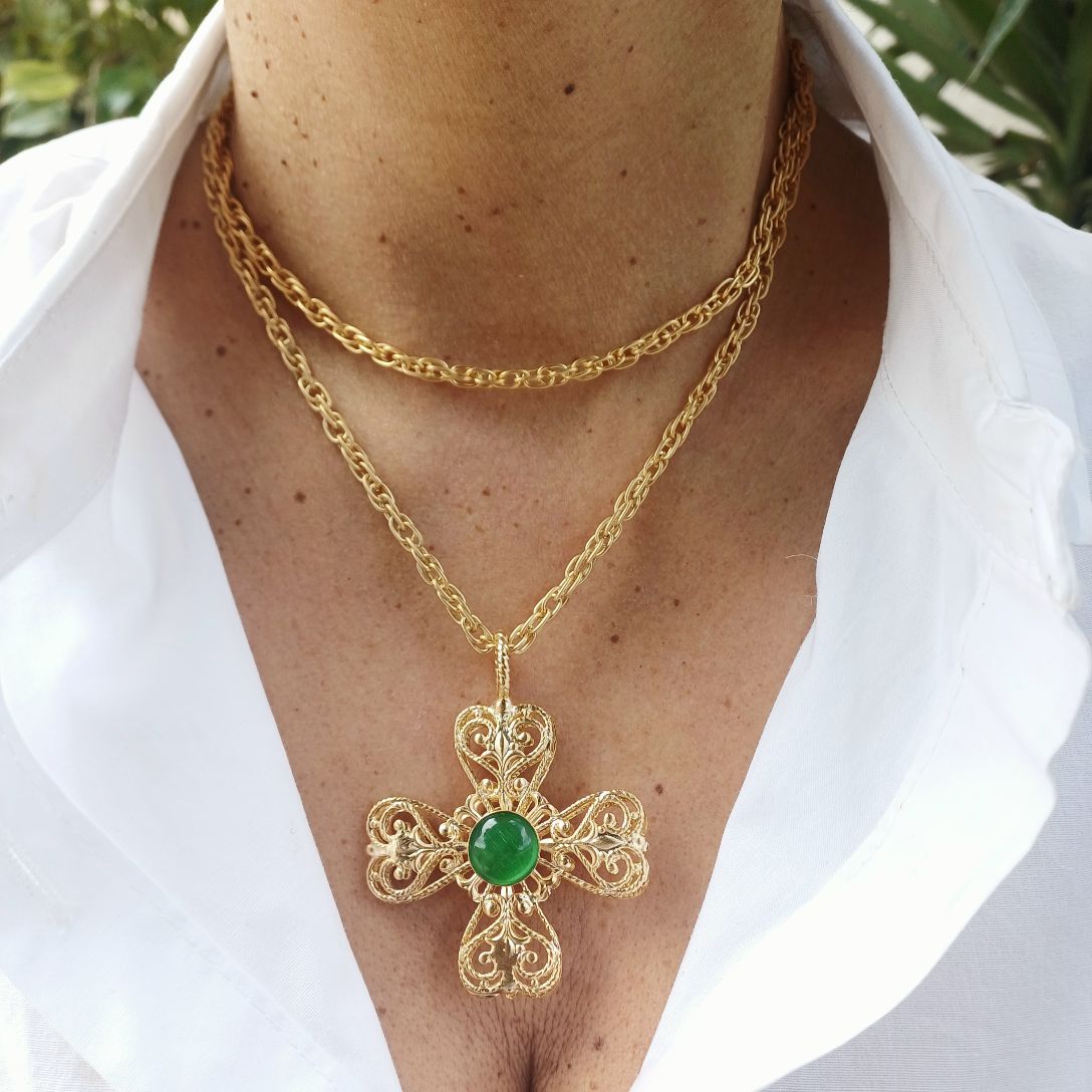 Alevá Bijoux Croci Delfi Kreuz Anhänger Gold Gelb Aquamarin 5 cm