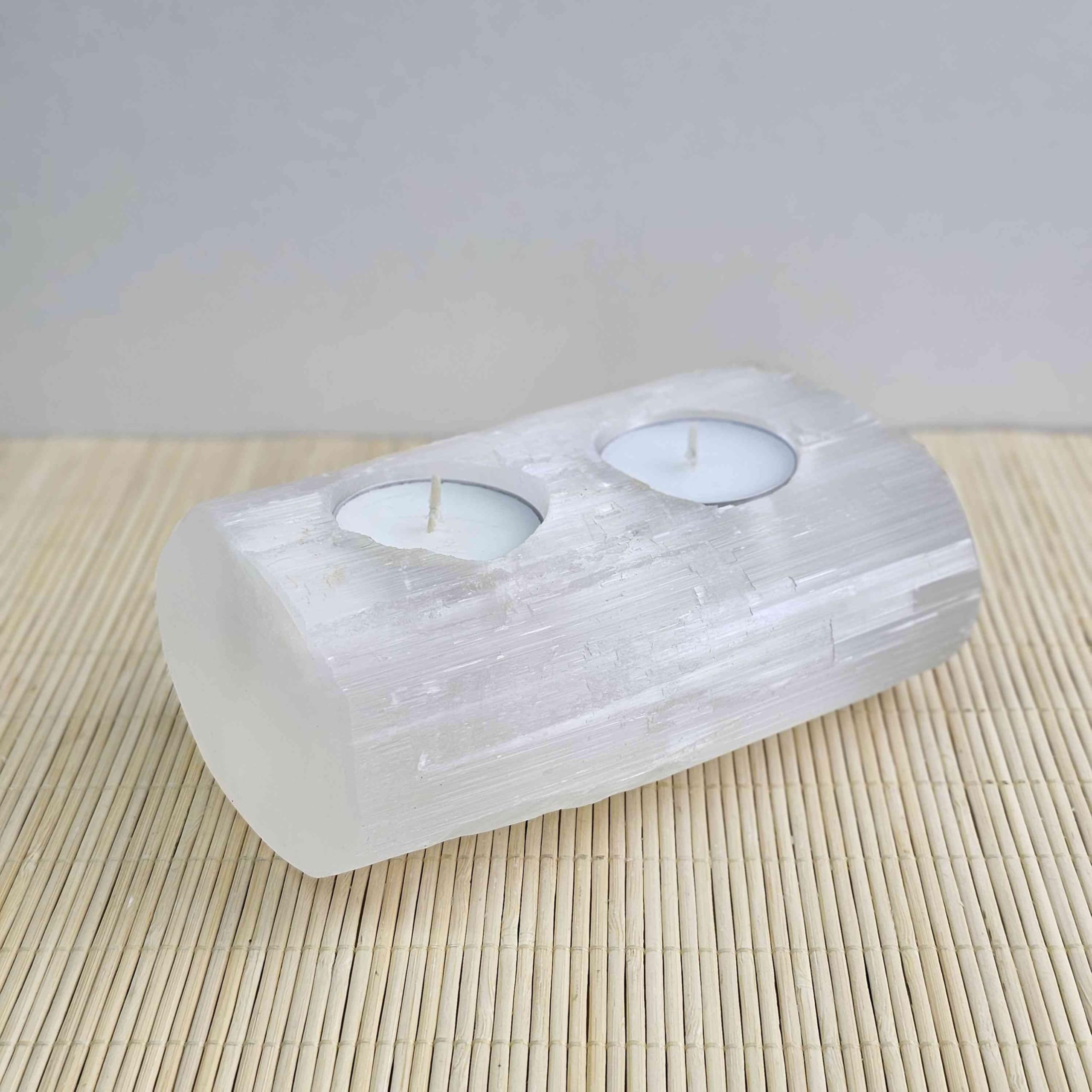 NKlaus Healing Crystals Selenit Teelichthalter 14,5 cm 2er Stein