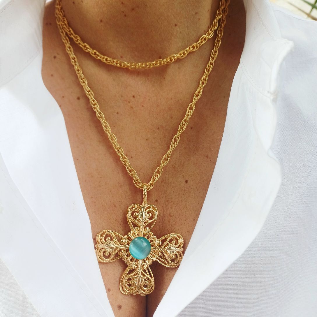 Alevá Bijoux Croci Delfi Kreuz Anhänger Gold Gelb Aquamarin 5 cm