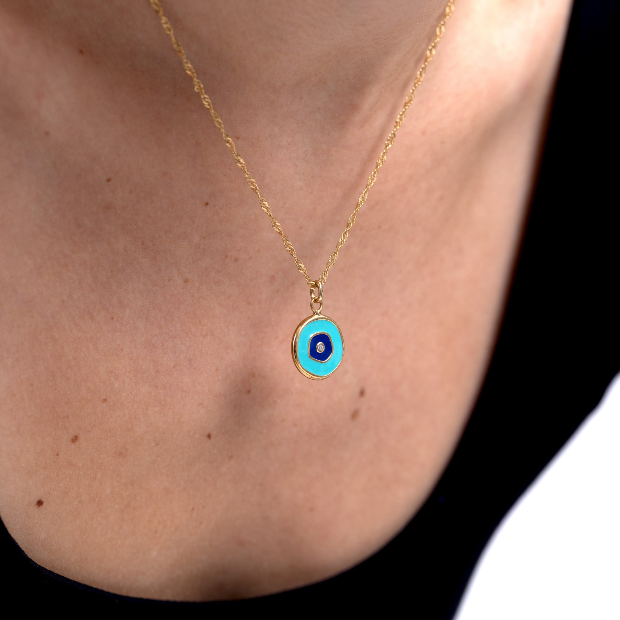 Stilnest Weißer Saphir Evil Eye Anhänger Türkis Gold Vermeil