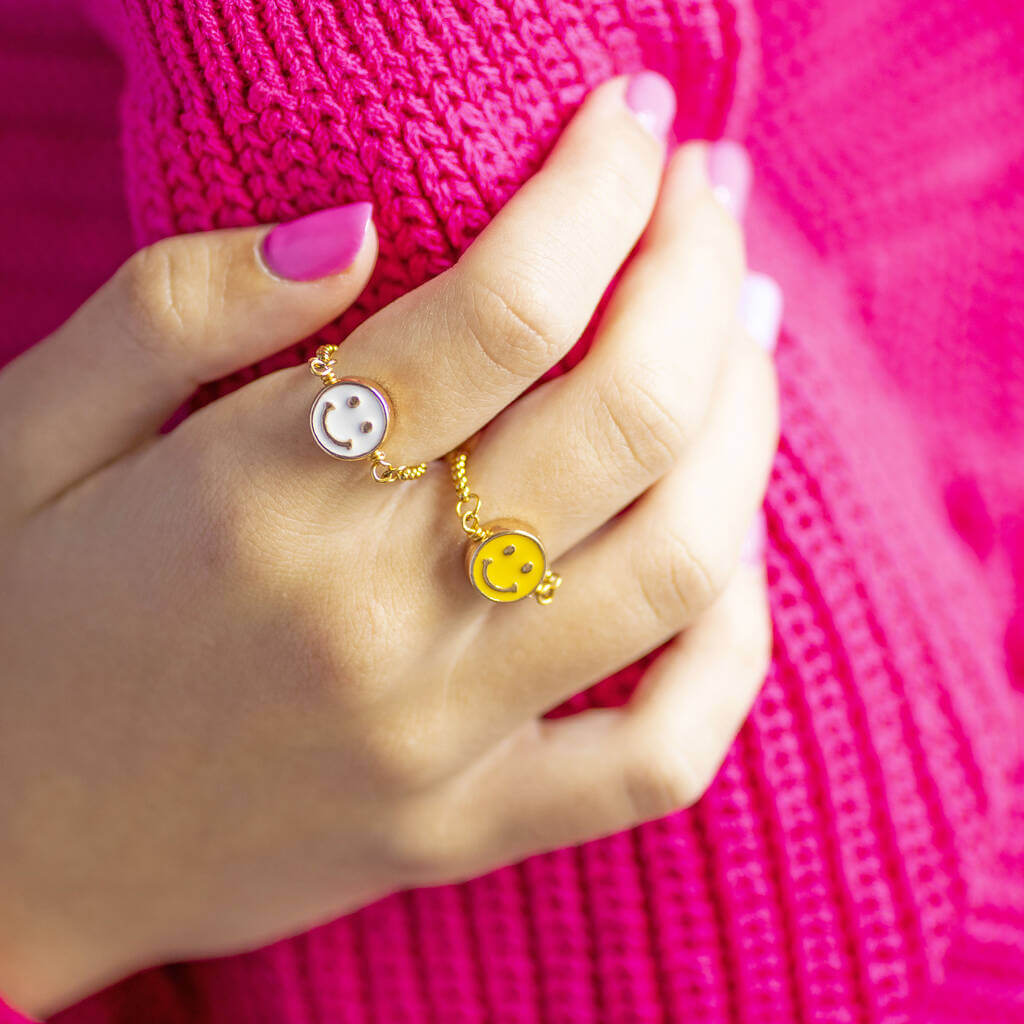 Joy by Corrine Smith Smiley Face Slider Chain Ring Gold Emaille