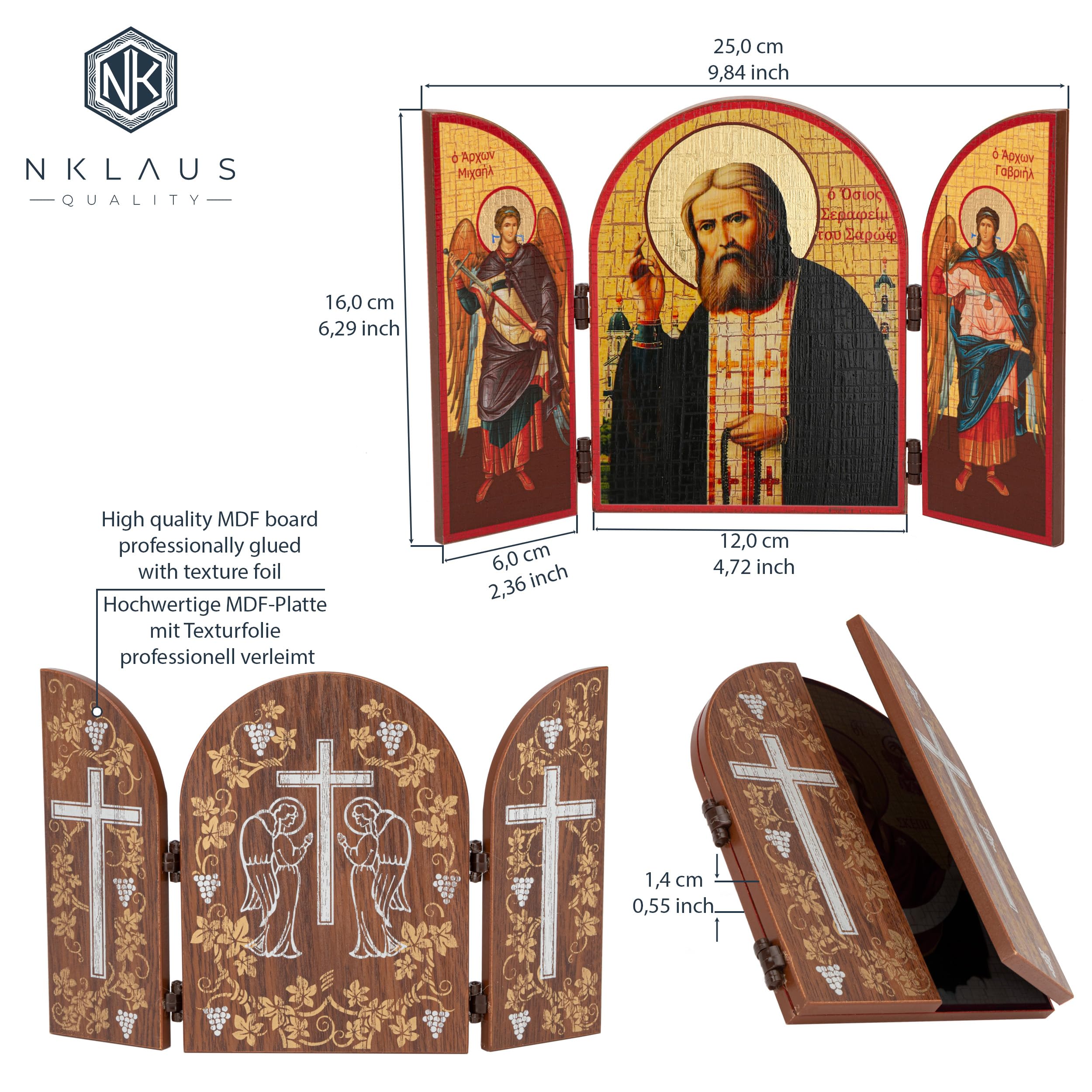 NKlaus Religious Icons Seraphim von Sarow Triptychon Ikone 25x16cm Holz