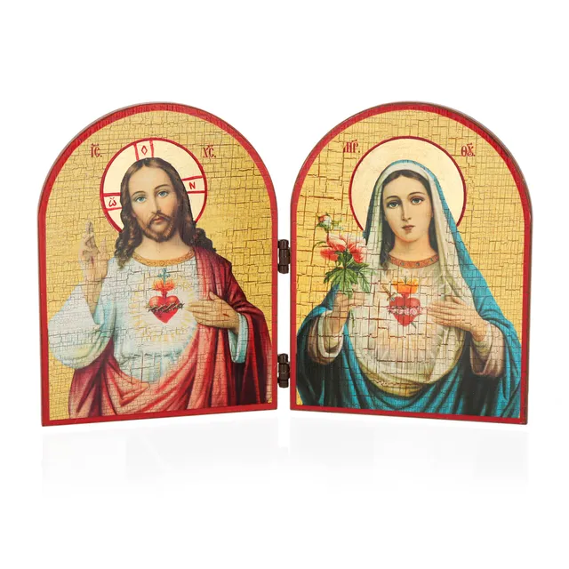 NKlaus Religious Icons Diptychon Herzen Jesu Mariä Holz