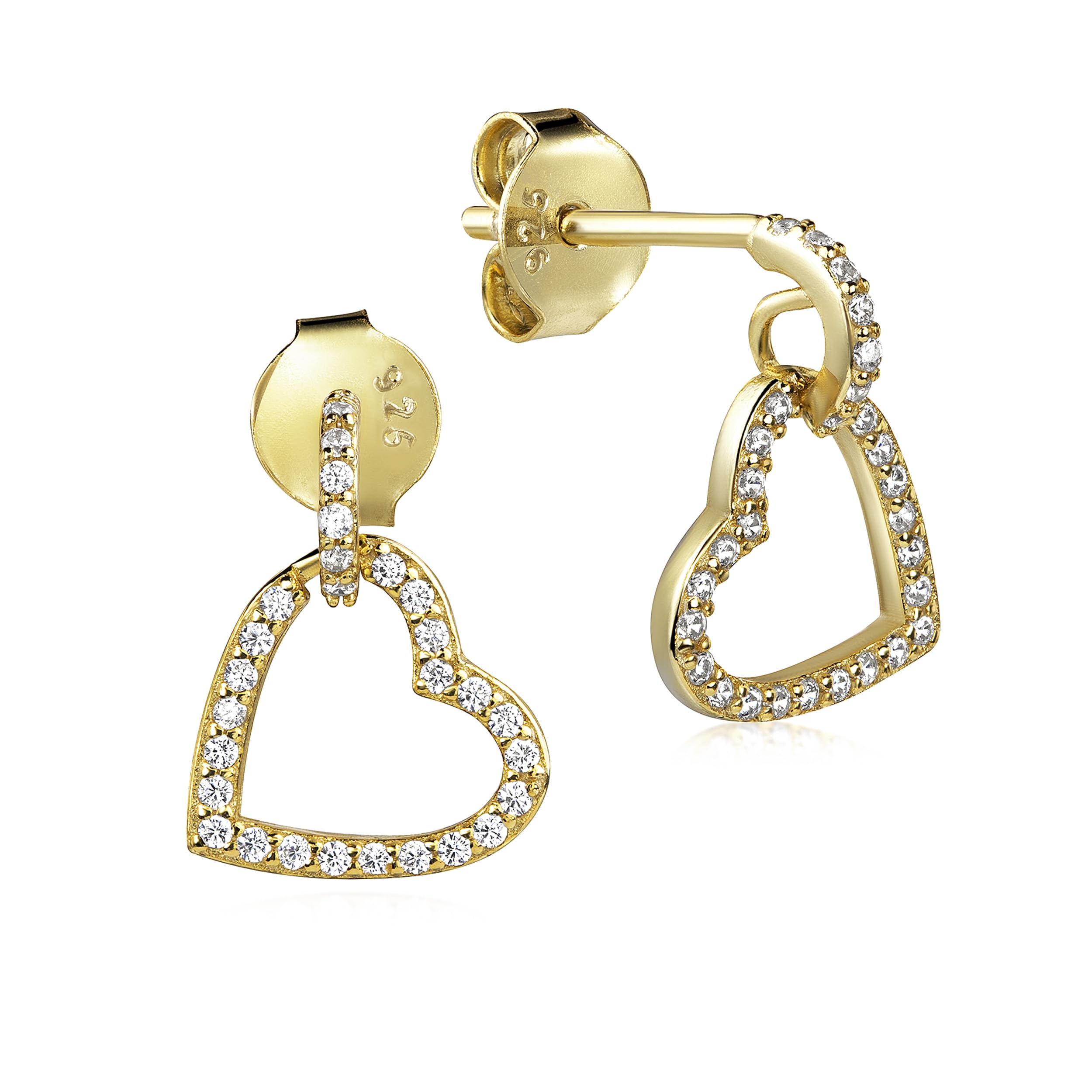 NKlaus Jewellery Ohrstecker Herz 925 Silber vergoldet Zirkonia 13x10mm Gold
