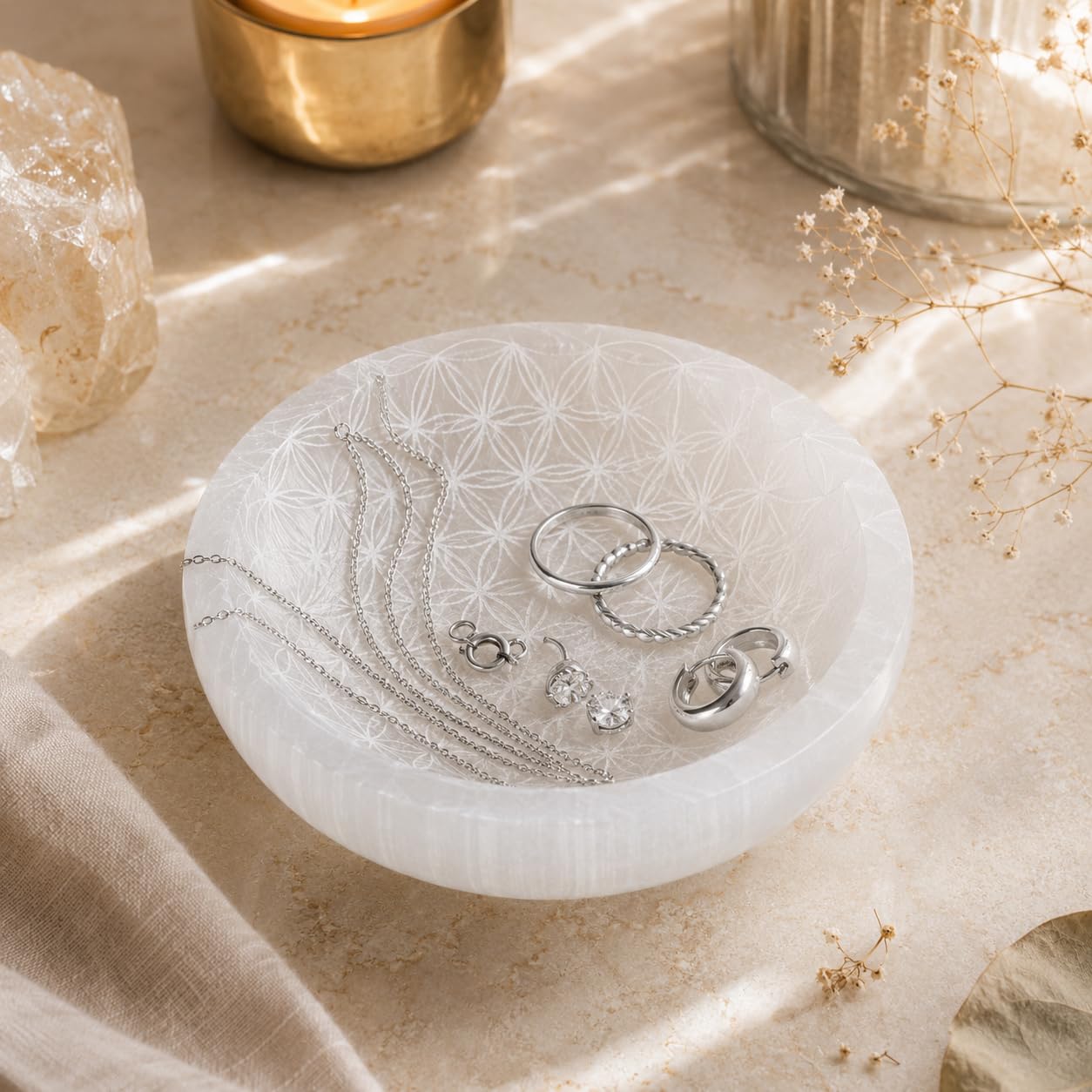 NKlaus Healing Crystals Selenit-Ladeschale 9,5cm Blume Lebens