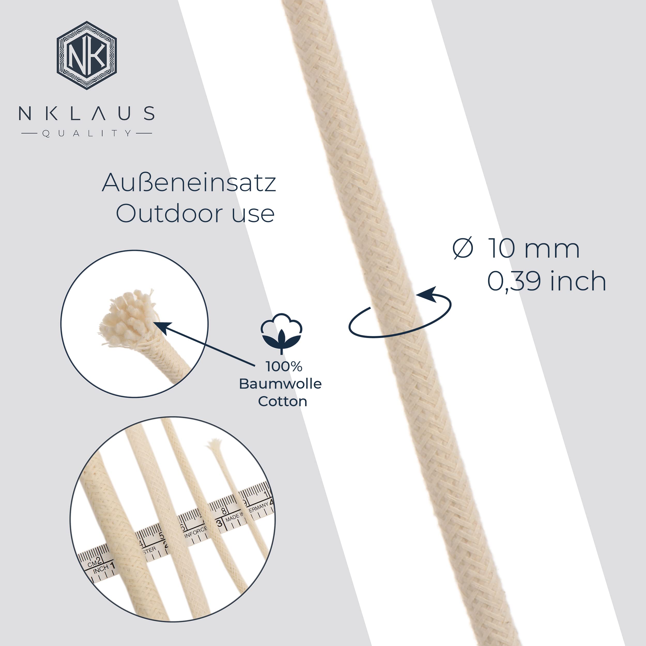 NKlaus Fackeldocht Baumwolldocht 10mm 10 Meter Gartenfackel