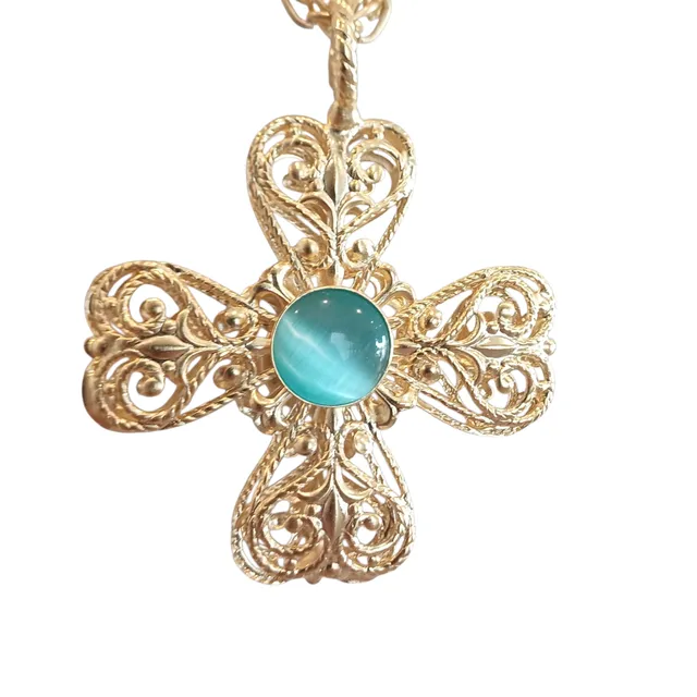 Alevá Bijoux Croci Delfi Kreuz Anhänger Gold Gelb Aquamarin 5 cm