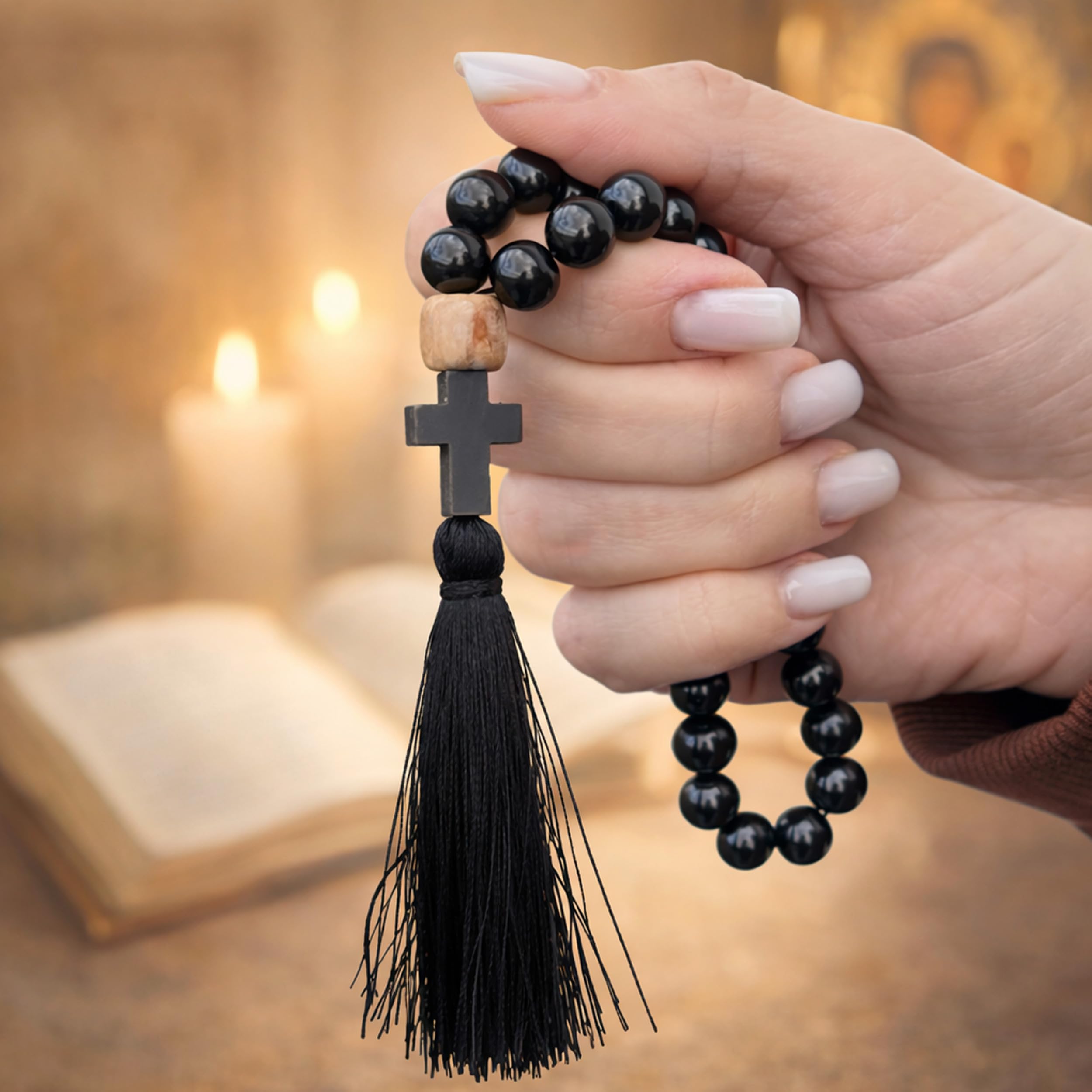 NKlaus Religious Icons Rosenkranz Gebetskette Holz schwarz 30 Perlen