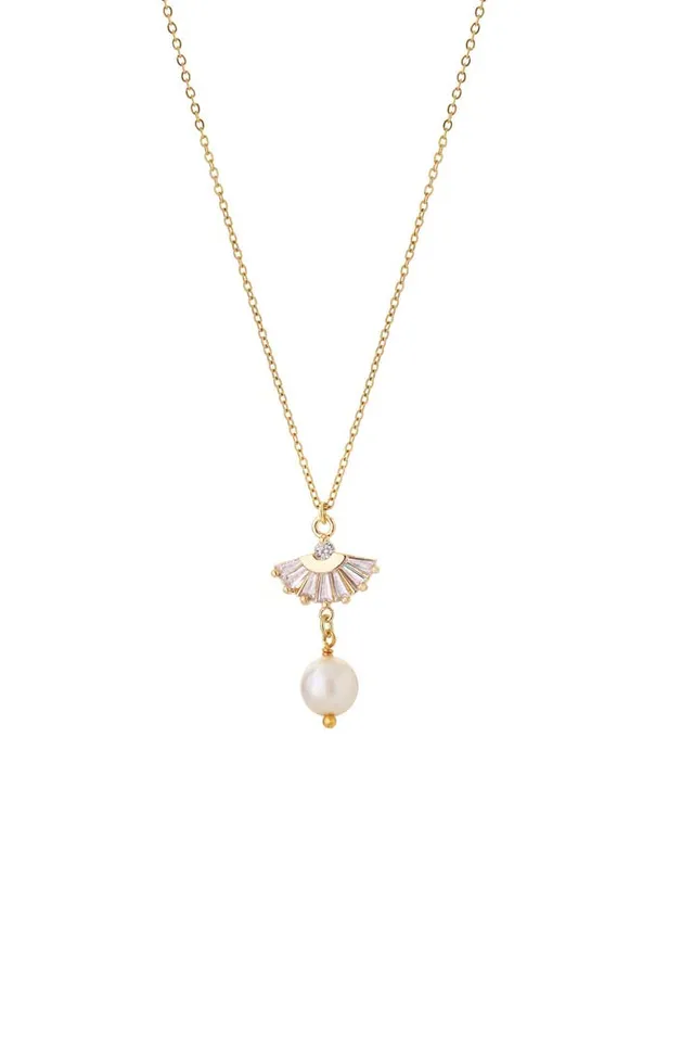 JOY Crystal Fan Pearl Halskette Gold Perle Kristall