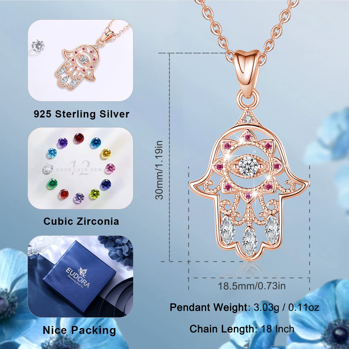 Eudora Harmony Bola Hamsa Hand Halskette Silber 925 Roségold