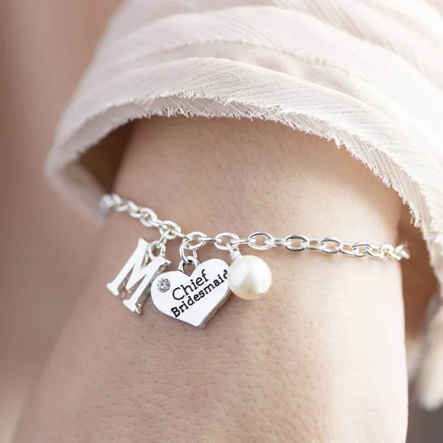 Joy Bridesmaid Charm Armband Silber Perle Initial